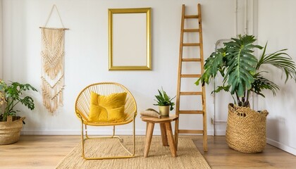 Sunny scanidnavian interiors of apartment with mock up poster frame, wooden ladder, gold armchair, design accessories and furnitures, plants and yellow macrame. Stylish home decor of rooms. Real photo