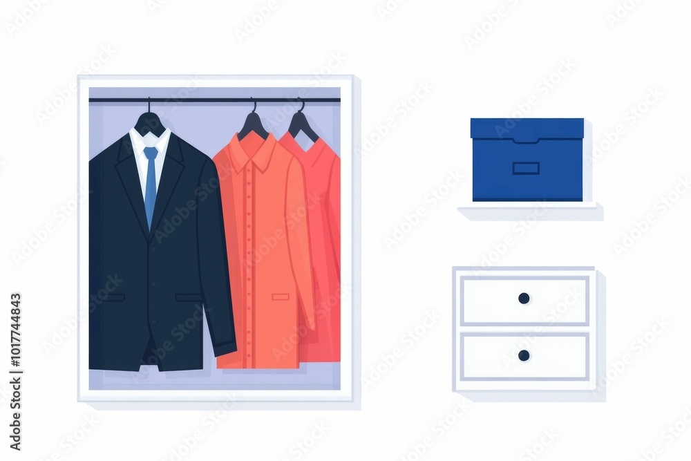 Poster minimalist flat icon depicting a closet structure with hangers and wardrobe grouped in a clean and s
