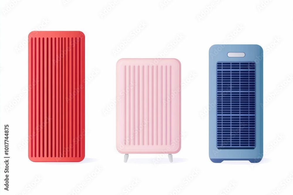 Poster minimalist icon set featuring a ceiling fan air conditioner and heater in a clean flat design style 