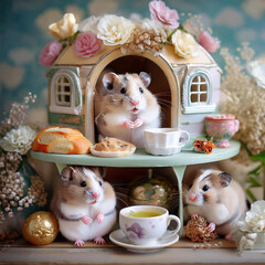 ドールハウスで暮らすハムスターファミリー