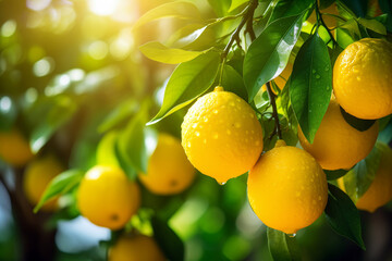 Lemons Hanging From Tree. Blurred background with copy space
