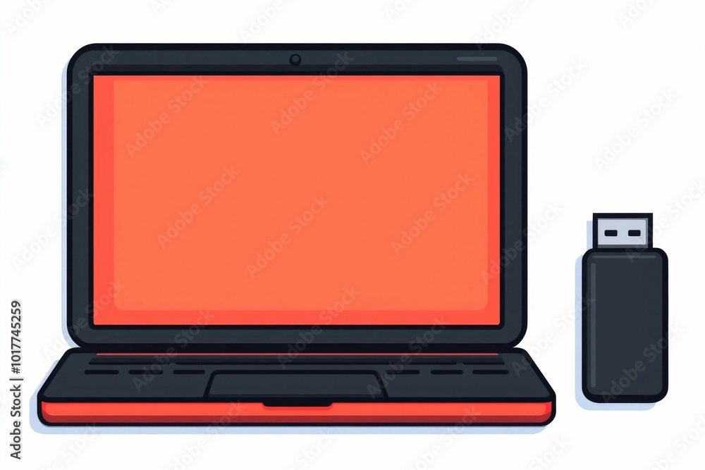 Poster icon depicting a laptop computer mouse and usb drive in a simple flat style with a clean isolated wh
