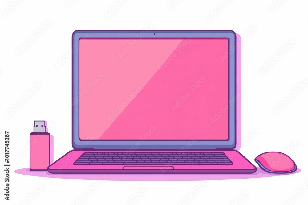Poster minimal icon depicting a laptop computer mouse and usb drive in a simple flat style isolated on a cl