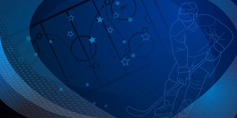Hockey themed background in blue. Digital illustration featuring a hockey player on the ice, surrounded by a starry night sky and a blue rink with white lines.
