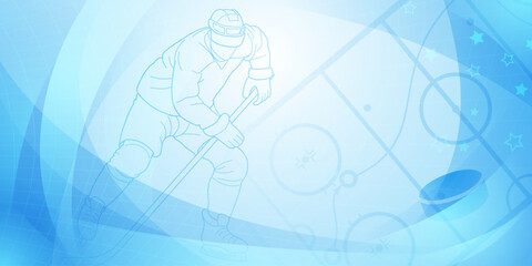 Hockey themed background in blue. Digital illustration featuring a hockey player on the ice, holding a stick and preparing to shoot the puck. The background has abstract shapes with lines.