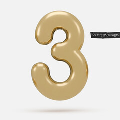 Fototapeta premium Golden icon, 3d render number 3, three, sign. Realistic design element. Vector illustration isolated on white background for postcard, icons, poster, banner, web, design, arts