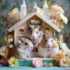 ドールハウスで暮らすハムスターファミリー