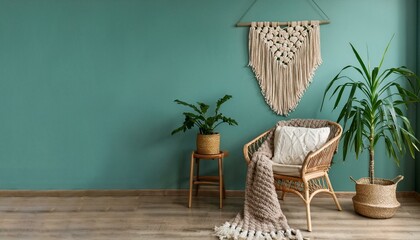 Stylish minimalistic interior of living room with design rattan armchair, tropical plant in basket, plaid, beige macrame on the wall and elegant accessories. Eucalyptus color of wall. Copy space.