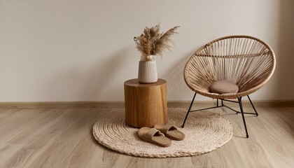 Neutral concept of living room interior with design wooden chair, round carpet, dried flowers in vase, stool, slippers, decoration and elegant personal accessories. Template. Copy space.