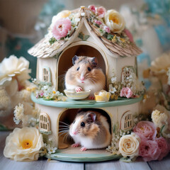 ドールハウスで暮らすハムスターファミリー