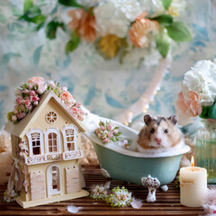 ドールハウスで暮らすハムスターファミリー