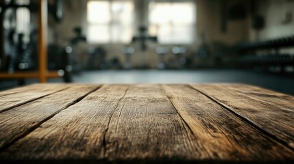 An empty, aged wooden tabletop with visible grain, set against a blurred gym background, offering space for product display or branding mockups