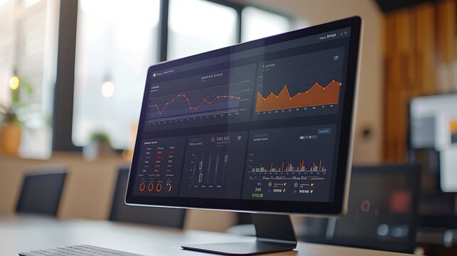 Computer screen displaying data analysis charts and graphs with focus on business intelligence and data driven decision making for modern technology innovation concept.