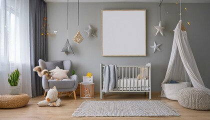 Stylish and cute scandinavian decor of newborn baby room with mock up poster , white design furnitures, natural toys, hanging grey canopy with wooden cradle, pillows, accessories and teddy bears.
