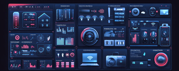 Fototapeta premium Futuristic dashboard displaying various tech metrics and controls.
