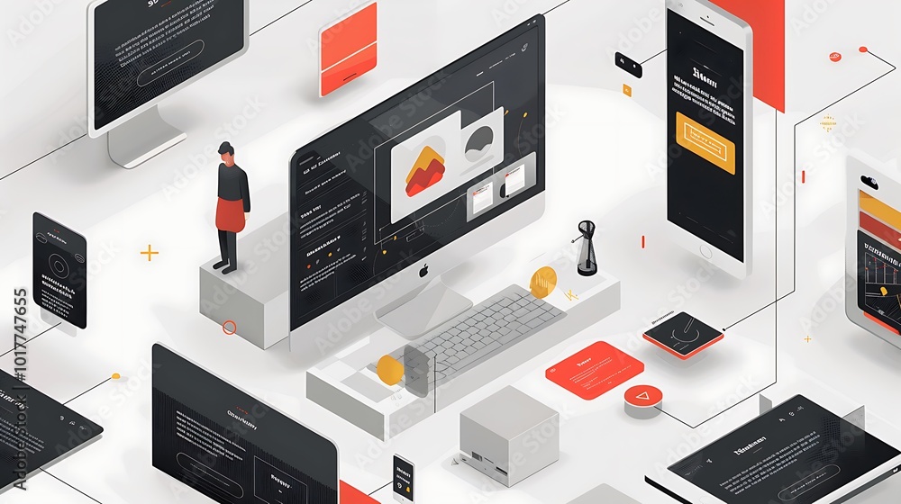 Poster isometric illustration showcasing web design interface with a computer, laptop, tablet, phone, and a
