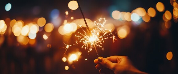A person holding a sparkler, illuminating the night during a festive celebration with glowing lights in the background. Wide web banner.