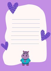 Cute note paper decorated with a happy hippo and bright purple hearts scattered around it. It is a note paper of love and happiness.
