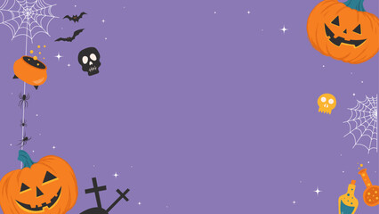 Spooky Horizontal Halloween Banner. Drawing of Ghosts, Pumpkins, Spiderwebs and other Spooky Decorations. Background With space for text. Vector
