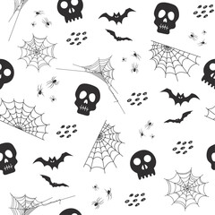 Seamless Pattern with Spooky Skulls Skeletons, Bats, Cobwebs and Spiders in Black and White Colours. Spooky Halloween Background. Vector