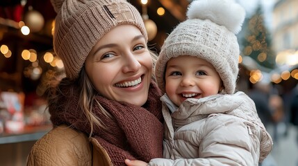 Obraz premium A joyful mother and child embrace, showcasing warmth and happiness in a festive winter setting with lights.