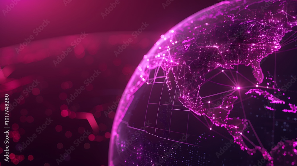 Poster digital globe with glowing pink lines and points representing global connections and data flow.