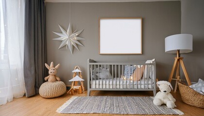 Stylish scandinavian newborn baby room with toys, rabbit, cotton lamps and star. Modern interior with mock up photo frame.
