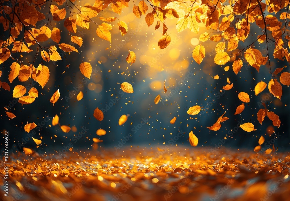 Wall mural golden autumn leaves falling gracefully from tree branches with sunlight filtering through creating 