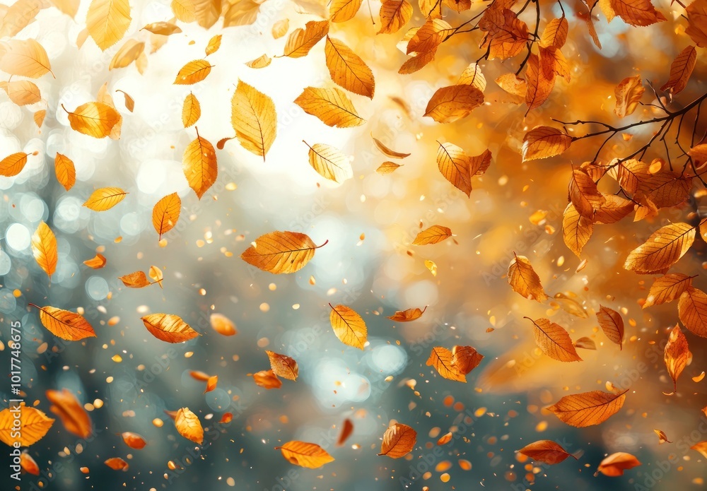 Wall mural golden autumn leaves falling gracefully from tree branches with sunlight filtering through creating 