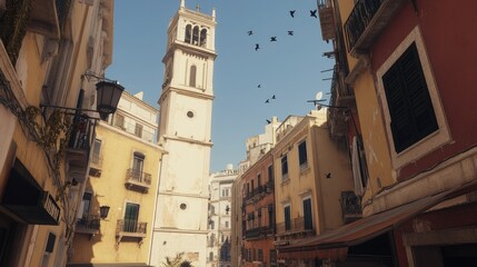 Fototapeta premium Bell tower of a historic European Christian church, glowing in the sunlight, with birds flying around it against a clear sky. --chaos 70