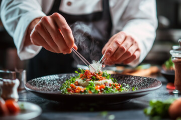 Chef working in a Michelin-starred restaurant, carefully plating a molecular gastronomy dish with tweezers, high-end cuisine and elegant presentation.