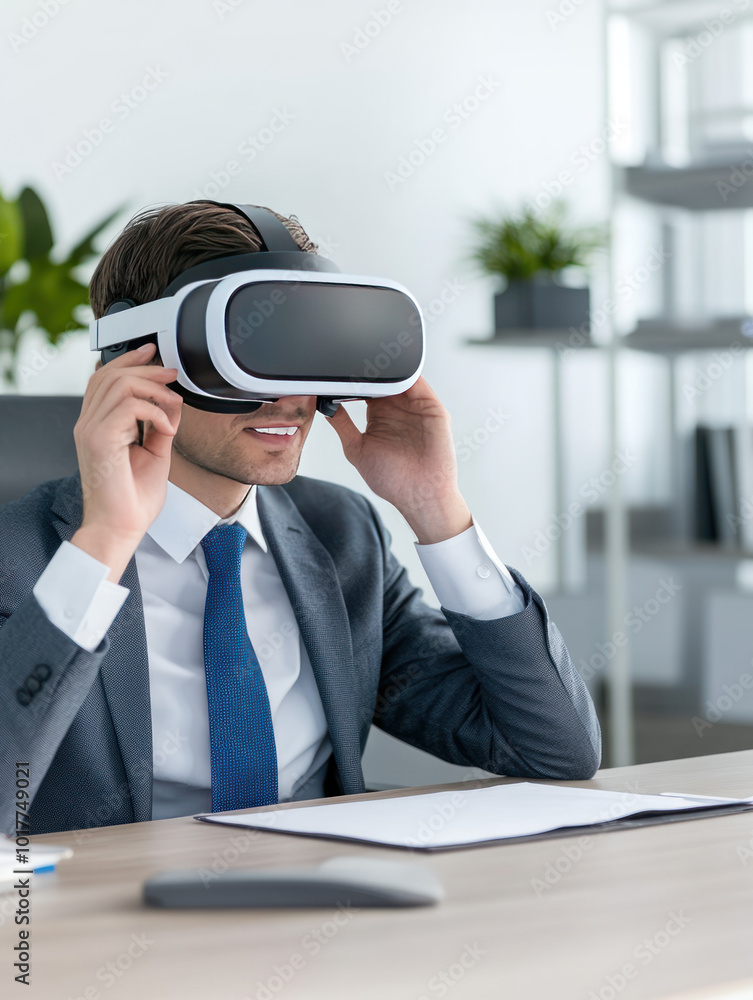 Poster A businessman wearing a VR headset at a desk, engaged in virtual reality technology.