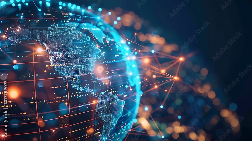 Poster digital globe with glowing lines connecting different points across the world, representing global c