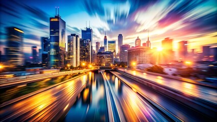 Obraz premium Dynamic City Skyline at Sunset with Motion Blur on Highway and Downtown Skyscrapers.