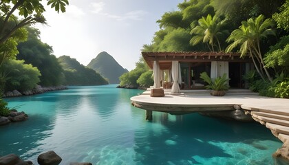 Obraz premium A secluded oasis with lush vegetation and shimmering turquoise waters