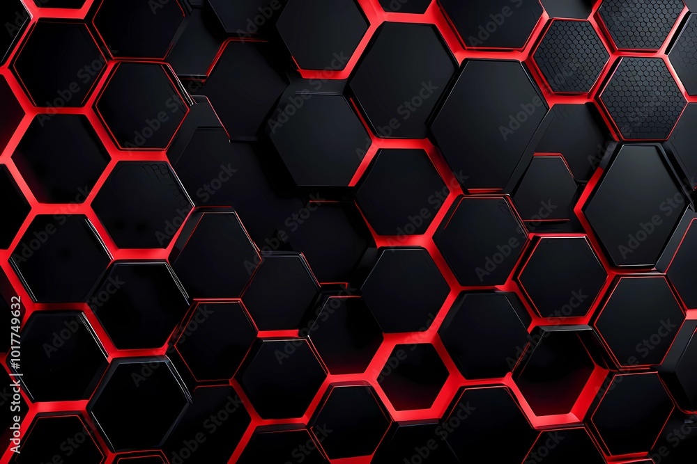 Aufkleber 3d black hexagon pattern background with red light lines