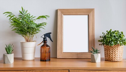 Stylish scandinavian sapce with wooden console, mock up poster frame, beautiful plants and sprinkler. Modern composition of home interior.