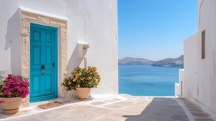 A serene coastal view featuring a vibrant blue door, white walls, and blooming flowers in pots, creating a picturesque setting.