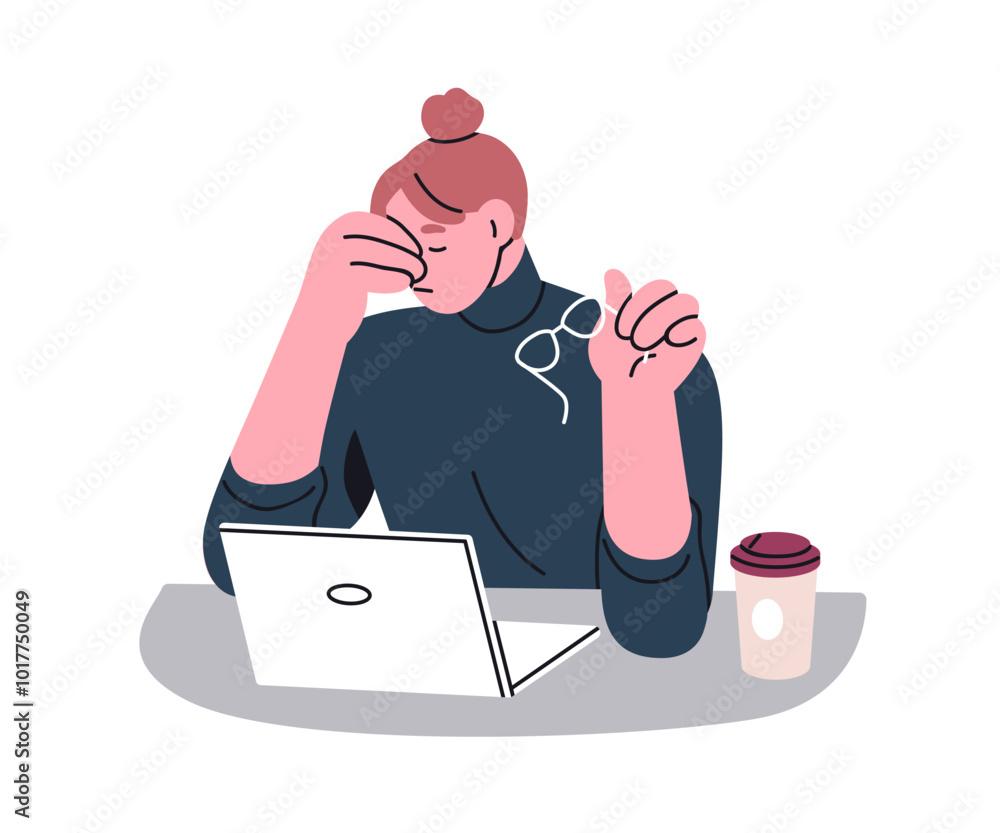 Poster tired overworked employee at desk, taking off glasses. fatigue exhausted office worker with headache