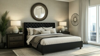 Contemporary bedroom interior with a black bed, neutral bedding, and textured wallpaper adding depth and style.