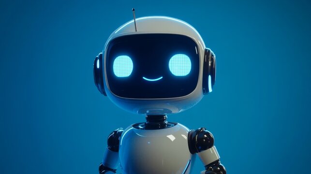 White friendly robot smiling with blue background
