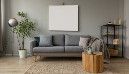 Minimalistic and design home interior of living room with gray sofa, wooden cube, , plaid, pillows, mock up poster frame and elegant accessories. Stylish home decor. Template. Gray walls.