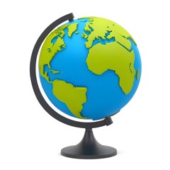 A colorful globe showing the continents and oceans of the Earth, displayed on a black stand