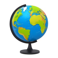 A colorful globe showing the continents and oceans of the Earth, displayed on a black stand