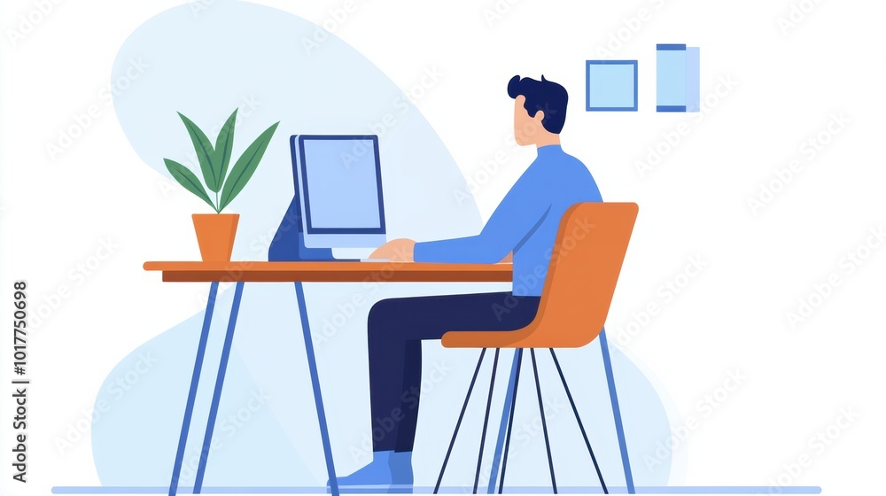 Aufkleber man working at desk with computer in minimalist office setting, ai