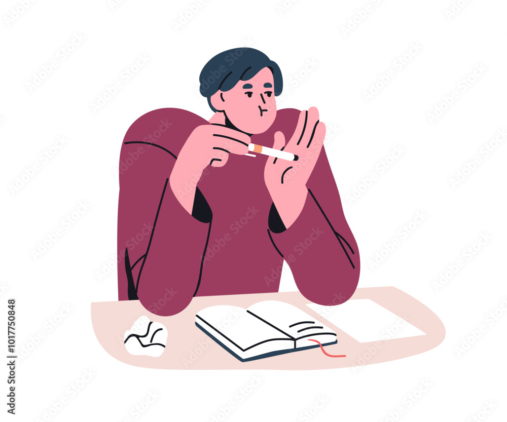 Poster bored unmotivated tired student at desk. exhausted lazy unproductive man studying at table, face exp