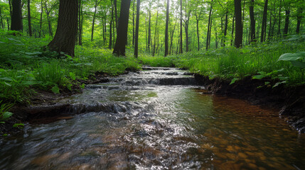Obraz premium Gentle Stream Flowing Through Lush Forest Landscape