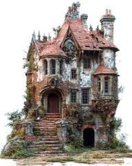 A whimsical, overgrown mansion with intricate details and a charming staircase.