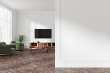 Home living room interior with rest zone and tv, panoramic window. Mockup wall