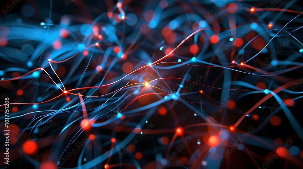 Poster abstract artwork showcasing a network of interconnected lines and dots, illuminated with glowing red